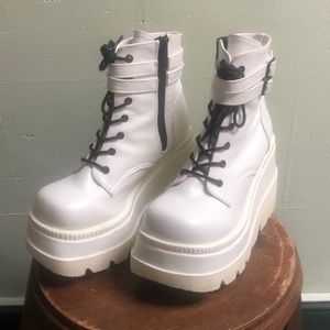 Demonia white side zip platform boots
